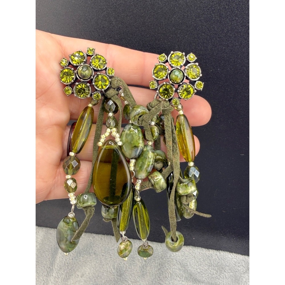 Vintage Estate Dangle Earrings Green Shoulder Duster Rhinestone Statement 4in